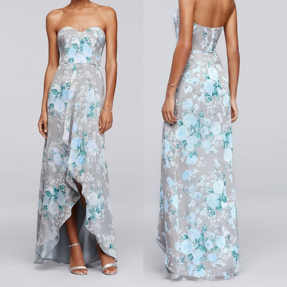 Long blue and gray rose Floral High-Low dress 2